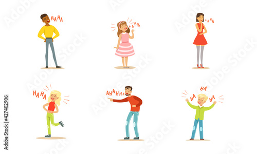 Happy People Laughing out Loudly Set, Man, Woman and Kids Bursting with Laughter, Positive Emotions Concept Cartoon Vector Illustration