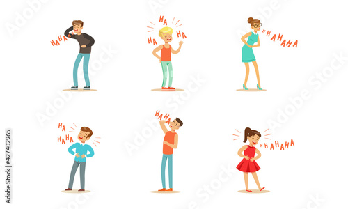 Happy People Laughing Set, Man, Woman and Kids Bursting with Laughter, Positive Emotions Concept Cartoon Vector Illustration