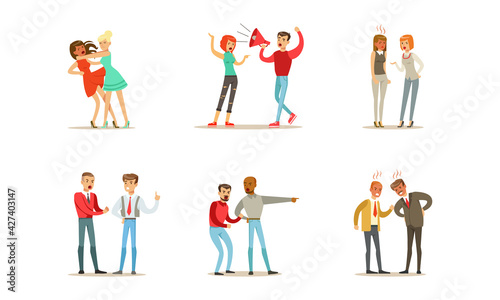 People Quarreling and Arguing Set, Male and Female Persons Sorting Things Out, Fighting and Loosing Temper in Conflict Cartoon Vector Illustration