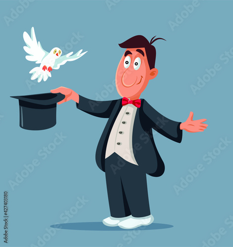 Magician, hat, top hat, pigeon, bird, dove, abracadabra, magic trick, vector, cartoon, illustration, performance, magic, entertainer, entertainment, illusionist, man, character, illusion, animal, cost