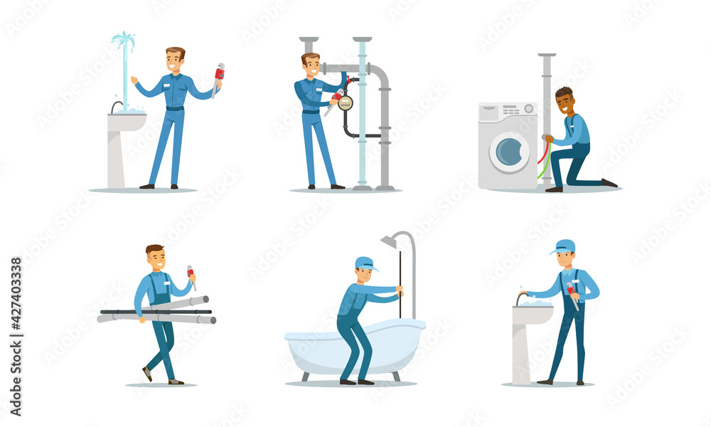 Professional Plumbers, Handymen in Blue Uniform Fixing Sanitary Engineering and Pipes, Repair Service and Maintenance Cartoon Vector Illustration