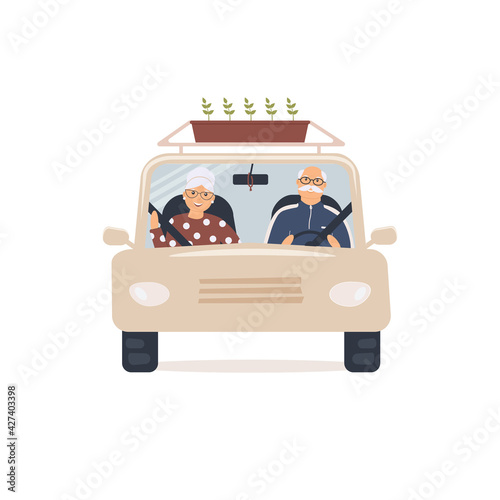Elderly man and woman sit in front seat of car and look through windshield.Front view. Nice married couple of pensioners go to dacha or garden to plant seedlings. Colorful vector illustration