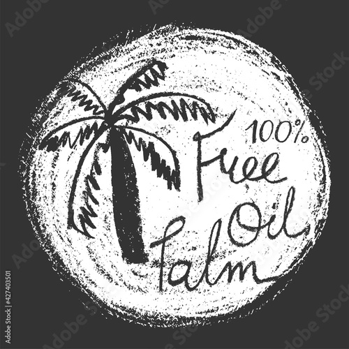 Palm oil free icon in trendy hand drawn style. Palm oil-free drawn isolated sign. Healthy lettering emblem of palm oil free. Black and white palm oil-free vector logo for Healthy food products.