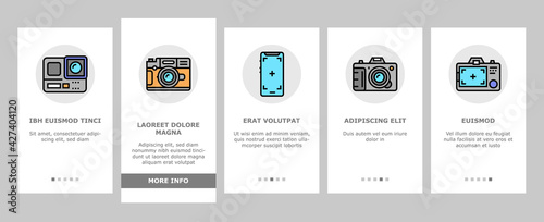 Photography Device Onboarding Mobile App Page Screen Vector. Mobile Phone And Photo Camera, Go Pro And Drone, Memory Card And Flash Photography Equipment Illustrations