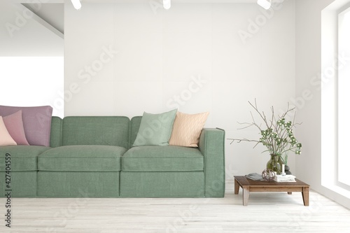 White living room with sofa. Scandinavian interior design. 3D illustration