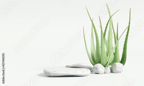 White stone product display podium stand with aloe vera on white background. 3D rendering