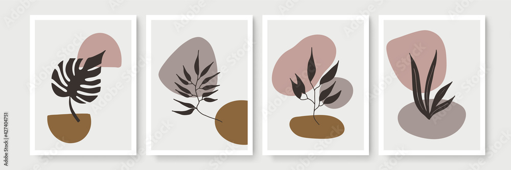 Abstract modern botanical boho poster collection. Organic bohemian wall art poster for minimal luxury interior with watercolor abstract shapes. Neutral paster color, foliage drawing. Acrylic vector Abstract modern botanical boho poster collection. Organic bohemian wall art poster for minimal luxury interior with watercolor abstract shapes. Neutral paster color, foliage drawing. Acrylic vector