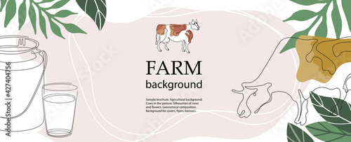 Horizontal agricultural background. Cow, milk can and glass. One line drawing.