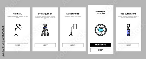 Photography Device Onboarding Mobile App Page Screen Vector. Mobile Phone And Photo Camera, Go Pro And Drone, Memory Card And Flash Photography Equipment Illustrations