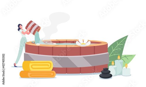 Female Character Pouring Hot Water into Traditional Japanese Bath Onsen with Flowers, Stones and Candles and Towel