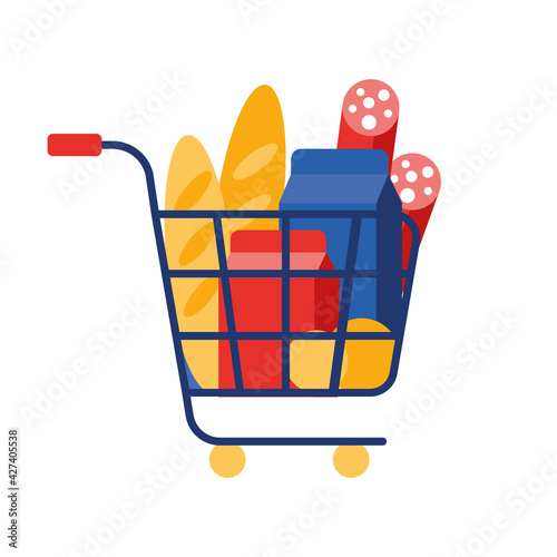 Shopping cart with groceries icon. Flat design element. Vector illustration.