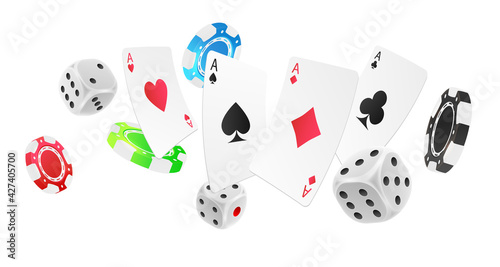 Banner with flying red, green, blue, black poker chips, tokens, silver dices, playing cards on white background. Vector illustration for casino, game design, advertising.