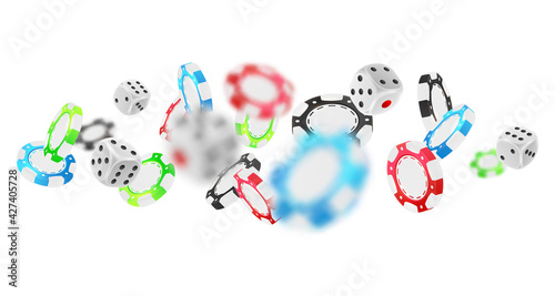 Banner with flying red, green, blue, black poker chips, tokens, silver dices isolated on white background. Vector illustration for casino, game design, advertising.