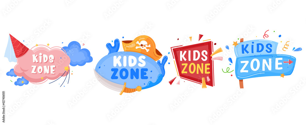 Kids zone emblem, baby label, play sign playground, colorful party logo, entertainment symbol, cartoon style vector illustration.