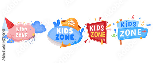 Kids zone emblem, baby label, play sign playground, colorful party logo, entertainment symbol, cartoon style vector illustration.