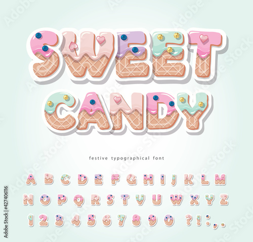 Cake cartoon font. Cute sweet letters and numbers for birthday card, baby shower, Valentines day, sweets shop, girls magazine, collages. Paper cut out. Vector