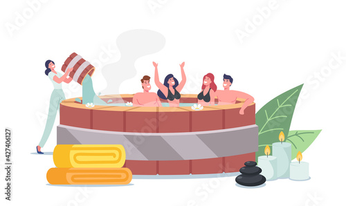 Happy Characters Relax in Japanese Onsen Bath, Natural Spa Resort, Hot Springs. Friends Enjoy Nature Thermal Water Pool