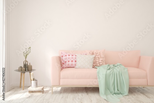 Soft color living room with sofa. Scandinavian interior design. 3D illustration © AntonSh