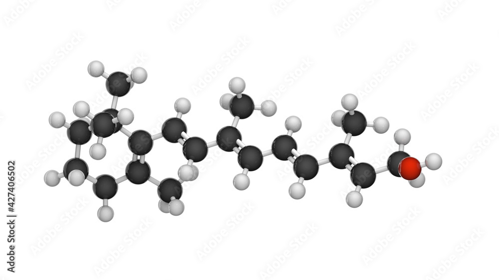 Vitamin A(Retinol). Found in food and used as a dietary supplement. 3D illustration. Chemical structure model: Ball and Stick. White background. Vitamin A(Retinol). Found in food and used as a dietary supplement. 3D illustration. Chemical structure model: Ball and Stick. White background.