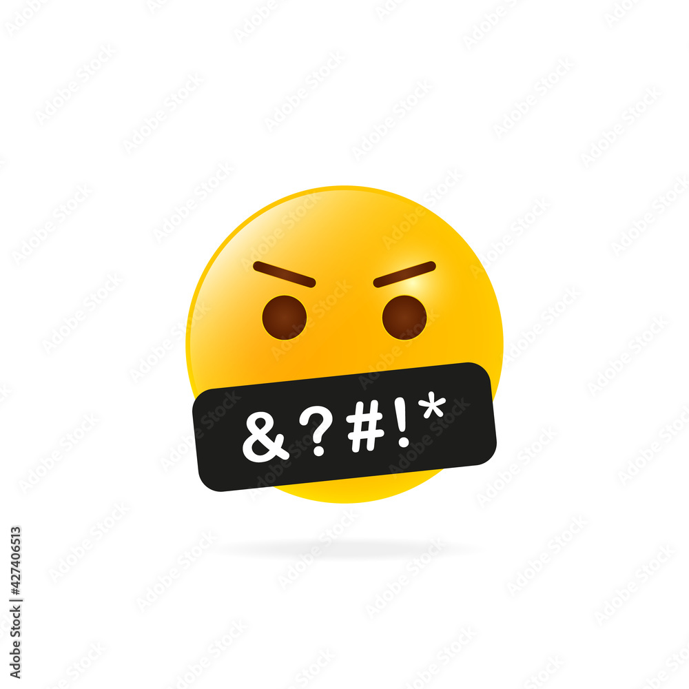 Yellow Angry Face Emoji. Obscene Language. Swearing or Vulgar Word on black bar. Bad Word and