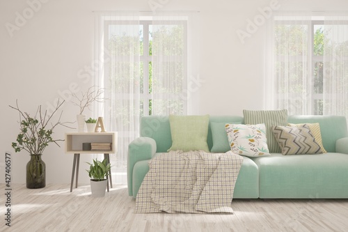 White living room with sofa. Scandinavian interior design. 3D illustration