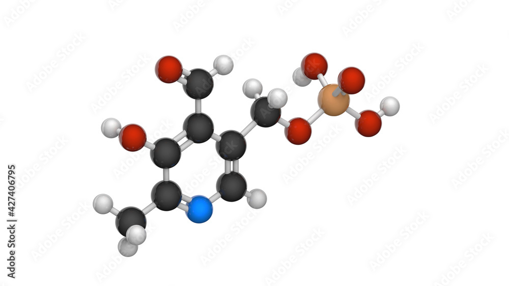 Molecular structure of Vitamin B6(Pyridoxal phosphate). 3D illustration. Chemical structure model: Ball and Stick. White background. Molecular structure of Vitamin B6(Pyridoxal phosphate). 3D illustration. Chemical structure model: Ball and Stick. White background.