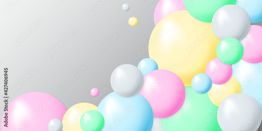 Abstract background with 3d colorful spheres. Gray gradient.
