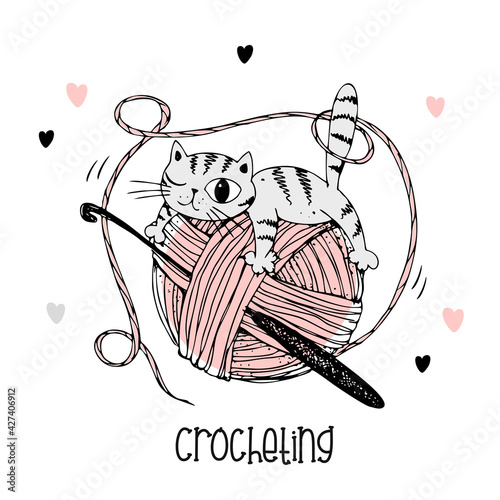A cat on a ball of yarn. Crochet logo. Vector
