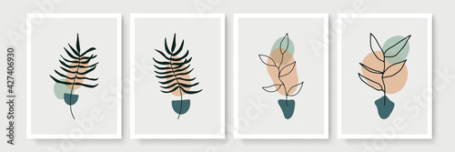 Set of abstract floral backgrounds for wall decor. Vector trendy minimal templates in boho style with copy space for text. Botanical wall art vector set. Earth tone boho foliage line art drawing