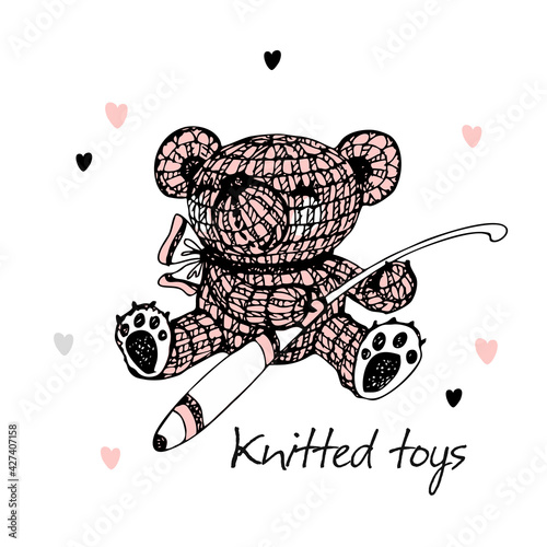 Knitted toys, a bear with a crochet hook. Vector