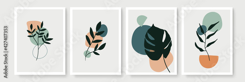 Set of abstract floral backgrounds for wall decor. Vector trendy minimal templates in boho style with copy space for text. Botanical wall art vector set. Earth tone boho foliage line art drawing