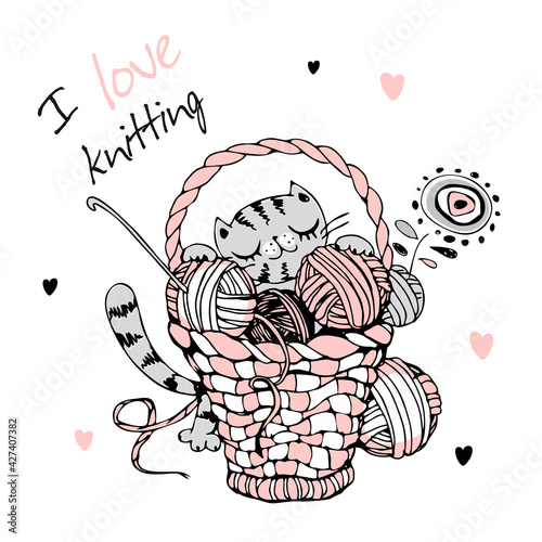 Cute cat with a large basket of balls of yarn for knitting. Vector