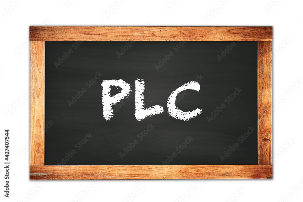 PLC text written on wooden frame school blackboard. PLC text written on wooden frame school blackboard.