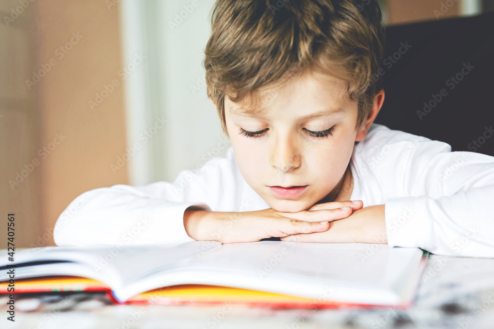 Little blonde school kid boy reading a book at home. Child interested in reading magazine for kids. Leisure for kids, building skills and education concept. Pupil making homework Little blonde school kid boy reading a book at home. Child interested in reading magazine for kids. Leisure for kids, building skills and education concept. Pupil making homework