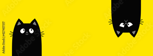 Sad happy black kitten face head. Cat set line banner. Hanging upside down. Funny Cute kawaii cartoon baby character. Notebook sticker print template. Happy Halloween. Flat design. Yellow background