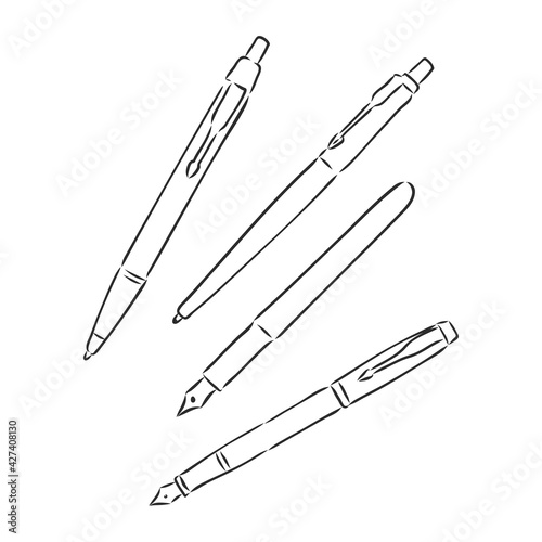 Vector black line art, hand drawn sketch on white background, isolated object of school supplies writing and drawing tools, pens, pencils, brushes, markers, felt-tip pen, etc, back to school theme.