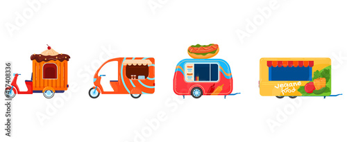 Street food vehicles, truck, vans, pushcart and counters with tent set of vector illustrations. Fast food cars with snack, hot meal.