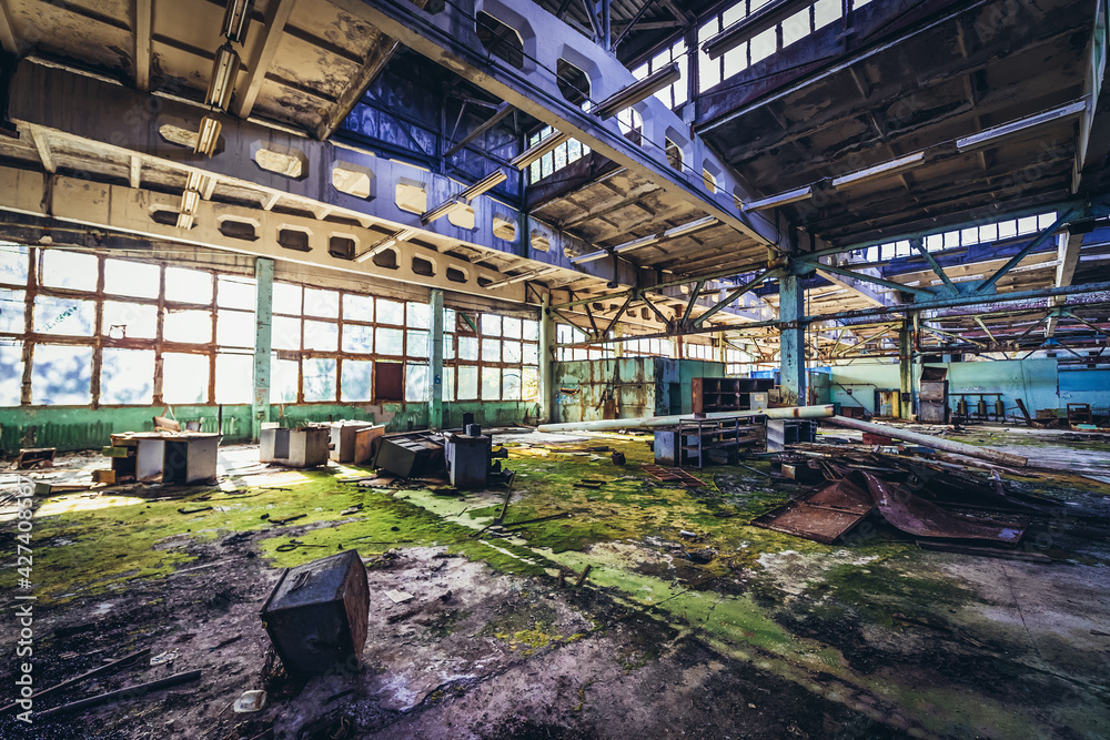 Workshop of old Jupiter Factory, Pripyat abandoned city in Chernobyl Exclusion Zone, Ukraine