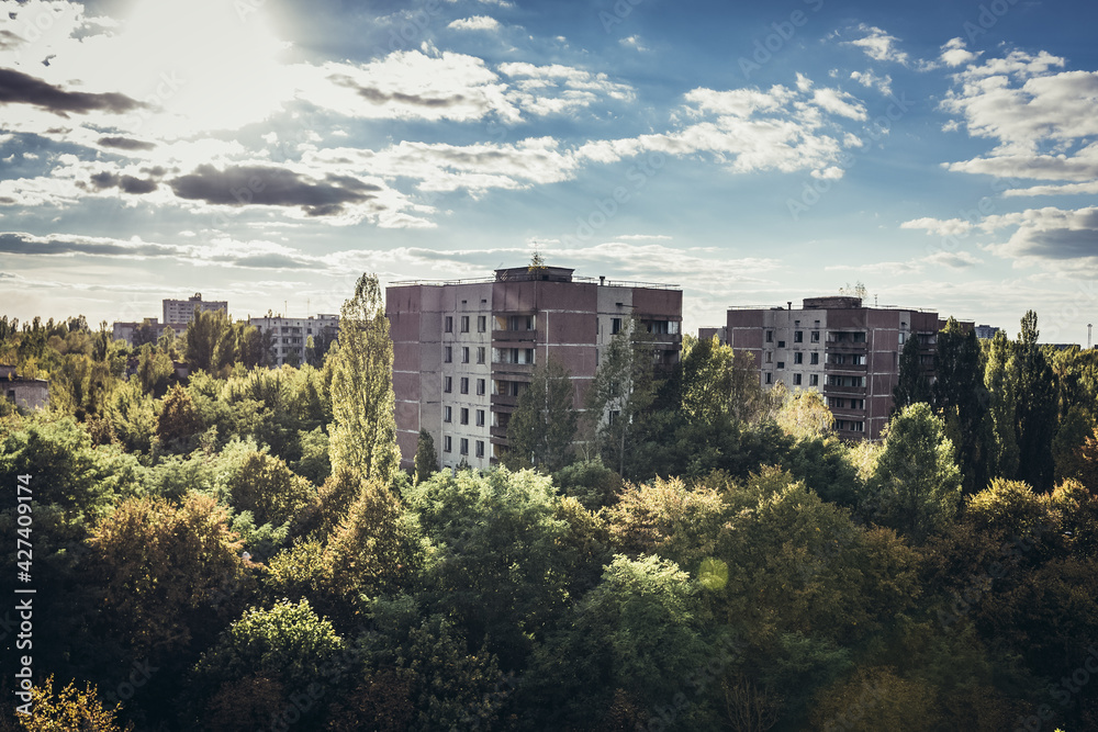 Houses of flats in Pripyat abandoned city in Chernobyl Exclusion Zone, Ukraine