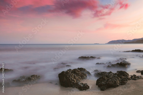 Landscape with long exposure  sunset coastline.