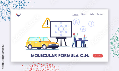Molecular Formula C6H6 Landing Page Template. Tiny Scientist Characters in Laboratory near Huge Screen with Benzene Ring © Sergii Pavlovskyi
