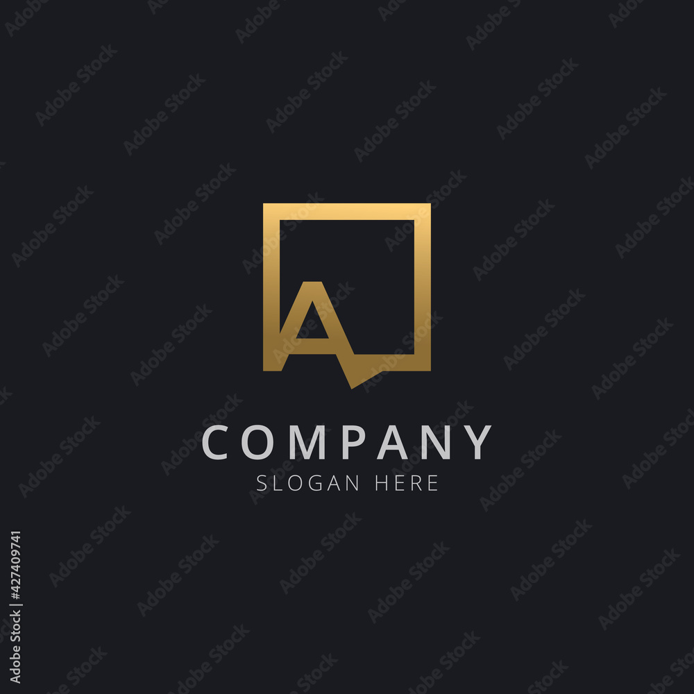 Initial letter A in chat square with modern gold color Initial letter A in chat square with modern gold color