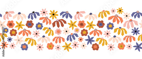 Seamless repeating Flower border blue purple orange yellow pink. Cute floral horizontal kids pattern Scandinavian style abstract paper cut flowers for summer autumn decor, fabric trim, footer, banner.