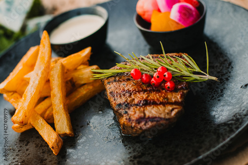 BBQ Grilled, Grilled beef steak with fries, Grilowany stek wołowy, grilled steak, fried steak with chips, American steak with chips, Grilled Ribeye with Garlic Fries,	
