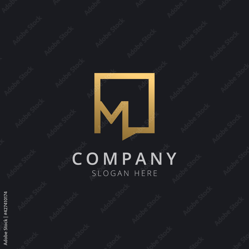 Initial letter M in chat square with modern gold color Initial letter M in chat square with modern gold color