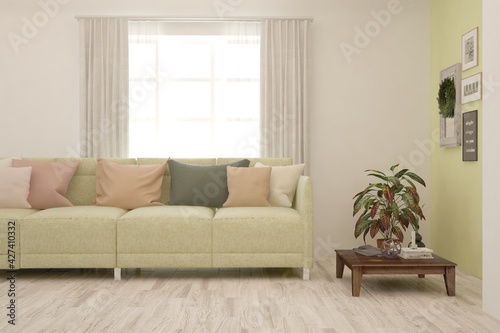 White living room with sofa. Scandinavian interior design. 3D illustration