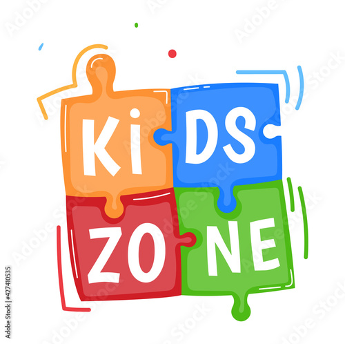 Kids club zone logo, education game area, recreation label, kid leisure, playground, design, cartoon style vector illustration. photo