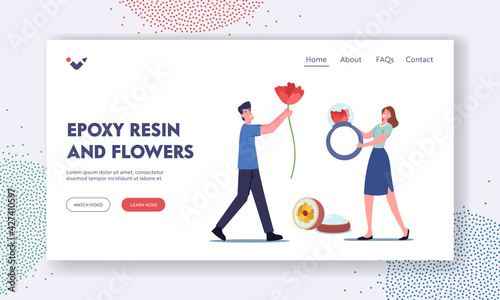 Handmade Epoxy Resin Jewelry Creation Hobby Landing Page Template. Male Character Carry Flower for Making Craft Decor