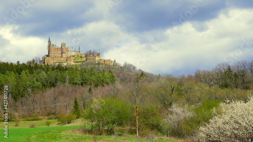sch  ner Blick auf Burg Hohenzollern auf bewaldeten Berg vom Kaiserweg bei Bisingen an sonnigem Tag
