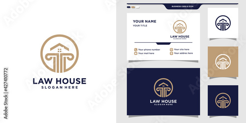 Law logo template with house style and business card design. Premium Vector